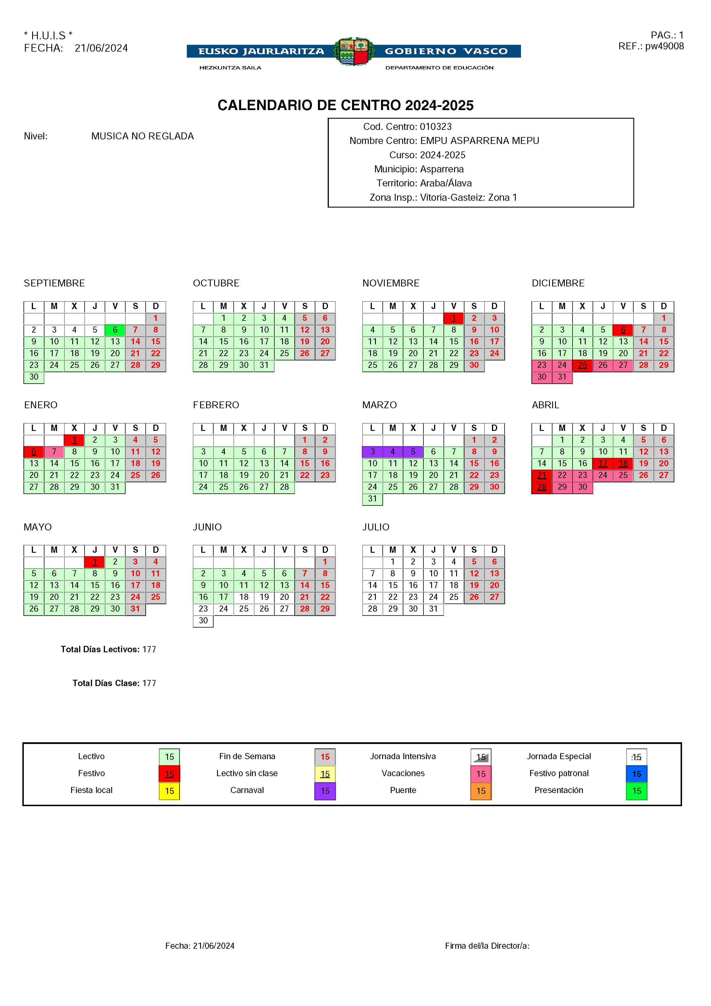 Calendario Escuela de Msica de Asparrena. Curso 2024-2025