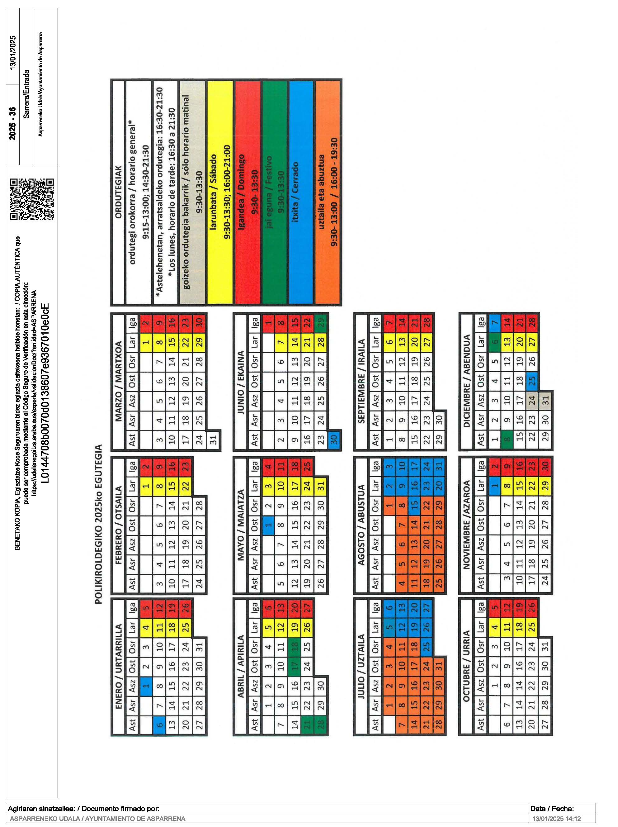 CALENDARIO DEL POLIDEPORTIVO ARRAZPI BERRI. AO 2025